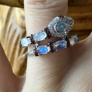 Natural Rainbow Moonstone Sterling Silver Serpent Ring Size 7